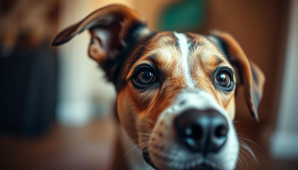 A close-up view of a dog's face, its eyes intently focused on a moving target, with a shallow depth of field and soft, warm lighting highlighting the animal's expressive features. The camera's autofocus system is precisely tracking the subject, keeping it sharply in focus as it moves through the frame. The background is blurred, creating a sense of depth and drawing the viewer's attention to the dog's intense gaze. The composition is dynamic, with the dog's head tilted slightly to one side, adding a sense of movement and energy to the scene. The overall mood is one of intimacy and connection, capturing the special bond between a photographer and their canine companion.