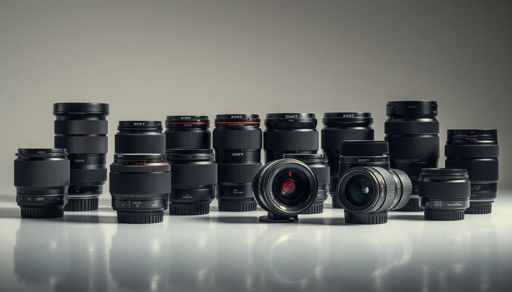 A collection of Sony E-mount and FE lenses displayed in a meticulously arranged studio setup. Diverse focal lengths and apertures are showcased, ranging from wide-angle to telephoto, with varying degrees of bokeh and sharpness. Soft, directional lighting accentuates the sleek, metallic designs, creating a sense of depth and dimensionality. The lenses are positioned on a clean, reflective surface, allowing for subtle reflections and a professional, high-end aesthetic. The overall mood is one of technical precision, showcasing the impressive capabilities of Sony's renowned lens lineup in an ultra-realistic, cinematic manner.