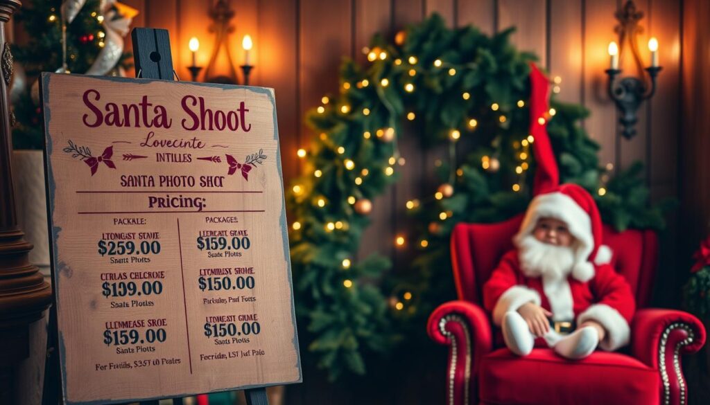 A cozy, festive scene of a Santa photo shoot pricing display. In the foreground, a rustic wooden sign showcases various photo package options, each with detailed pricing and package details. The middle ground features a plush, red velvet chair where children can sit for their Santa photos, with twinkling fairy lights and a lush green garland backdrop. In the background, a warm, golden glow emanates from antique-style wall sconces, creating a welcoming, nostalgic atmosphere. The lighting is soft and diffused, casting a magical ambiance over the entire scene. The overall composition conveys the excitement and joy of capturing cherished holiday memories with Santa.