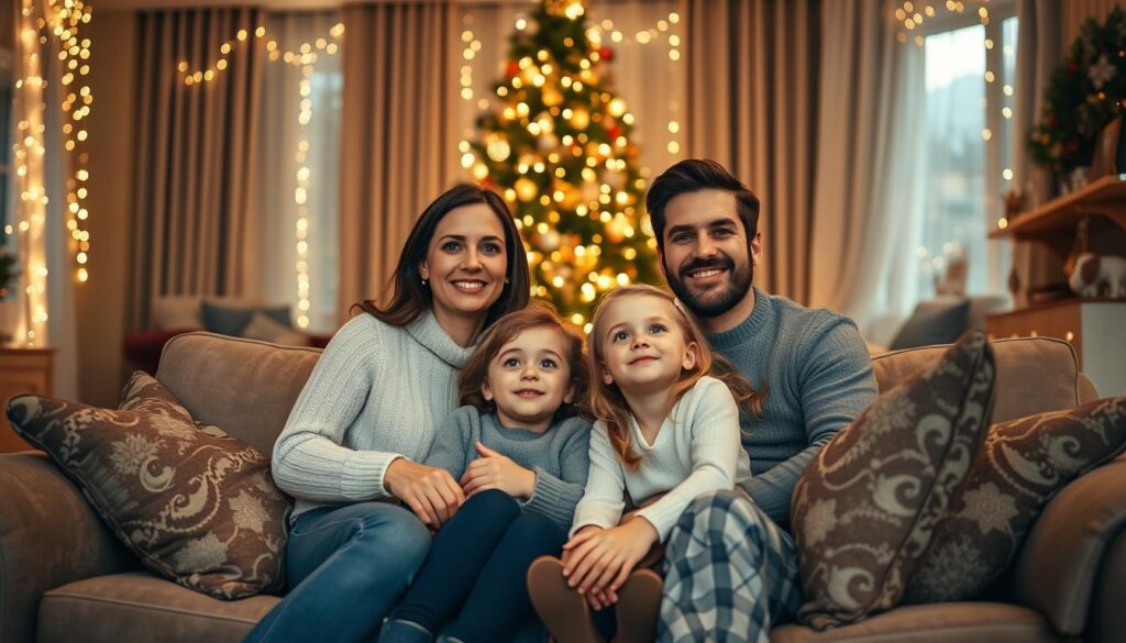 A cozy living room, adorned with twinkling fairy lights and a towering Christmas tree. In the foreground, a family of four gathers around a plush couch, their expressions beaming with holiday cheer. The mother and father sit side by side, while their two young children nestle between them, gazing up with wide, excited eyes. Soft, golden lighting bathes the scene, creating a warm, inviting ambiance. The image is captured with a wide-angle lens, showcasing the depth and intimacy of the moment. Ultra-realistic in its attention to detail, from the intricate patterns on the throw pillows to the subtle highlights in the children's hair. This family portrait radiates the joy and togetherness of the Christmas season.