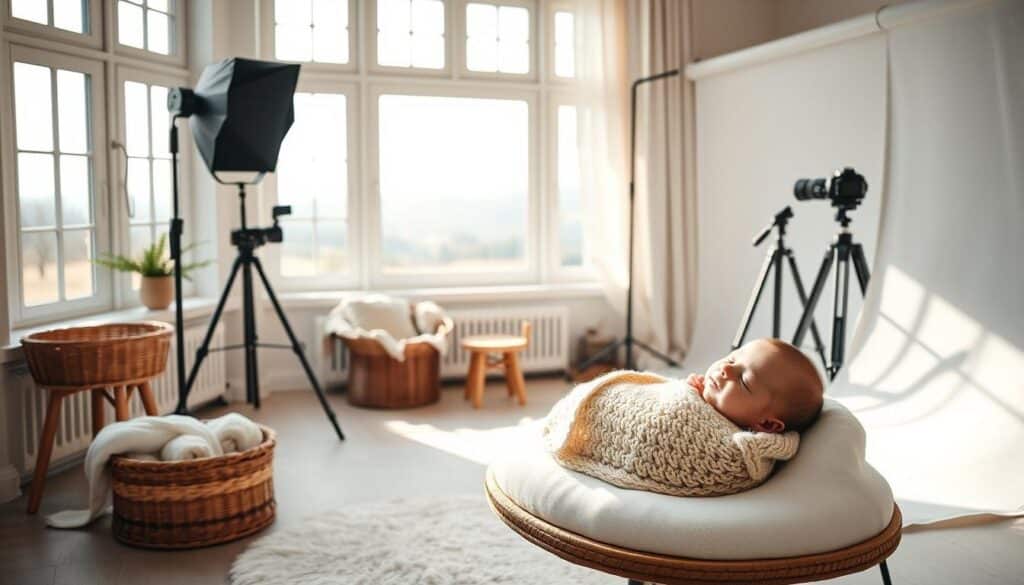 A cozy newborn photography studio in 2025, bathed in soft, natural lighting from large windows. In the foreground, a minimalist white backdrop and simple props like a woven basket, plush blankets, and a wooden stool. A newborn baby, wrapped in a soft knit blanket, poses peacefully, their delicate features captured in an intimate close-up. In the middle ground, camera equipment, including a high-end mirrorless camera with a macro lens, a professional-grade lighting setup, and a tripod, hinting at the technical mastery required for exceptional newborn portraits. The background features a serene, natural landscape visible through the windows, creating a calming, ethereal atmosphere.