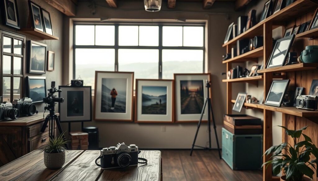 A cozy, well-lit photography studio with a variety of framed photographs and camera equipment displayed on rustic wood shelves. In the foreground, a vintage camera and a potted plant sit on a weathered wooden table. The middle ground features several large, artfully framed prints showcasing the photographer's work, while the background depicts a softly lit window overlooking a serene natural landscape. Soft, diffused lighting from a large window casts a warm, inviting glow throughout the space. Ultra realistic.