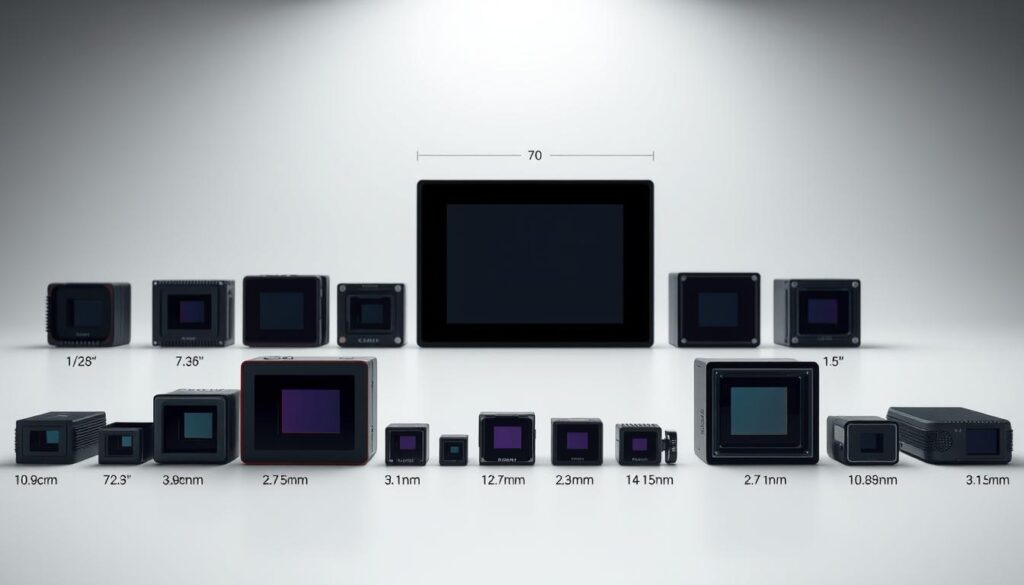 A crisp, high-resolution image showcasing the comparative sizes of various camera sensor formats. The foreground features a grid of different sensor sizes, from the compact 1/2.3" found in point-and-shoot cameras to the full-frame 35mm sensor used in professional DSLRs. The middle ground displays the physical dimensions of each sensor, allowing for easy visual comparison. The background is a clean, minimalist studio setup with soft, even lighting, emphasizing the technical nature of the subject matter. The overall scene is captured with a wide-angle lens, providing a comprehensive view of the sensor size spectrum in an ultra-realistic, cinematic manner.
