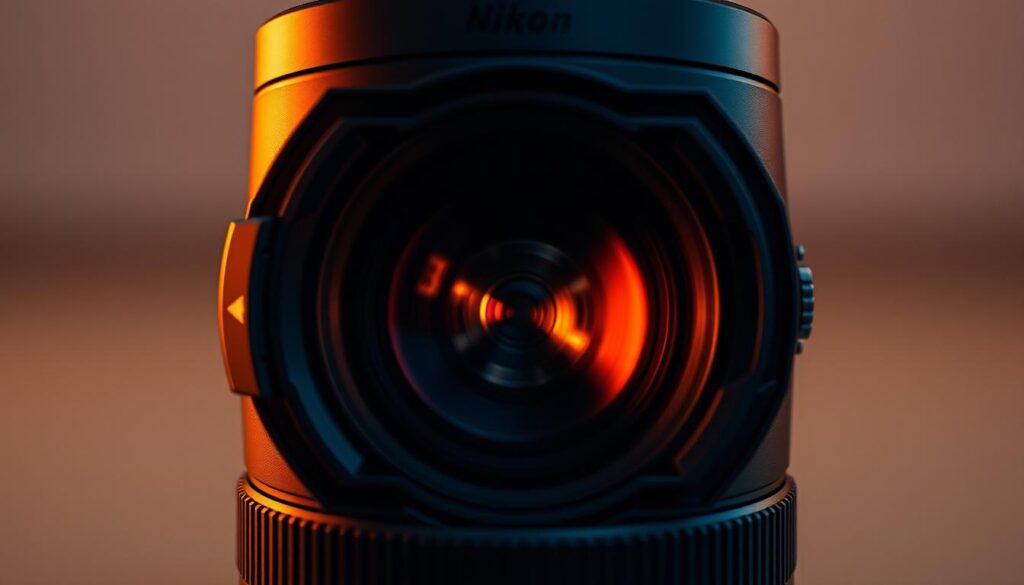 A cross-section of a Nikon Z-mount lens, showcasing its intricate design features. In the foreground, the Z-mount bayonet is prominently displayed, its sturdy construction and precise alignment evident. The middle ground reveals the internal lens elements, arranged in a complex yet elegant pattern, capturing the essence of Nikon's optical engineering. In the background, the lens barrel's sleek, minimalist exterior exudes a sense of modern, high-quality craftsmanship. The entire scene is bathed in a warm, cinematic lighting, emphasizing the technical prowess and premium feel of Nikon's Z-mount lenses.