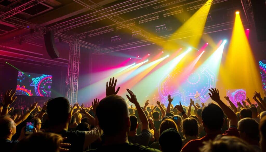 A crowded music venue in 2025, the stage bathed in a kaleidoscope of vibrant lights. Concertgoers captured in dynamic poses, their movements frozen in time by the sharp focus of a professional photographer's lens. The scene is alive with energy, the camera's aperture capturing the raw emotion and excitement of the performance. Intricate details of the musicians' expressions and the audience's reactions are rendered with striking clarity, the image evoking the immersive, cinematic experience of a cutting-edge concert. Sleek, high-resolution cameras with advanced low-light capabilities and lightning-fast autofocus systems are the tools of the trade, allowing photographers to seamlessly document the evolving trends of the live music industry in the years to come.