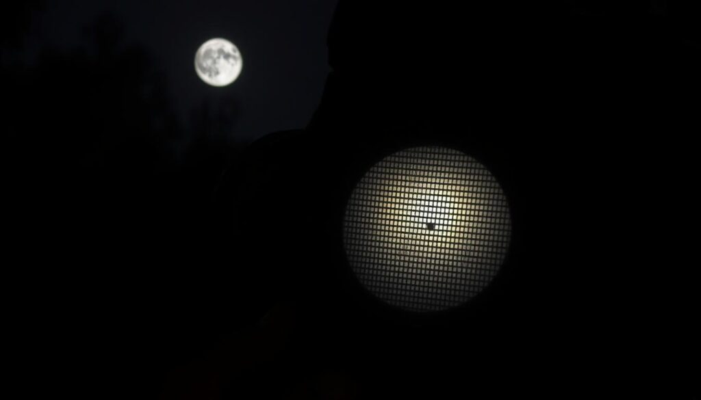 A dark, moonlit scene with a professional-grade DSLR camera pointed at a low-light sensor. The sensor's surface is highlighted, revealing its intricate grid-like structure and the subtle glow of its photosensitive pixels. The camera's lens is partially obstructed, casting soft, diffused light across the frame. The background is shrouded in deep shadows, creating a sense of depth and emphasizing the sensor's performance. The overall mood is contemplative, with a focus on the technical details that enable exceptional low-light photography.