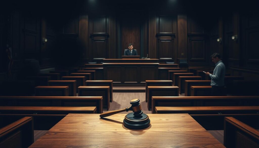 A dark, somber courtroom scene with dramatic lighting casting long shadows. In the foreground, a large wooden witness stand takes center stage, a gavel resting upon it. In the middle ground, a judge's bench stands tall, its occupant shrouded in the shadows, their expression unreadable. The background is filled with rows of oak benches, empty save for a lone court reporter diligently transcribing the proceedings. An air of gravity and legal consequence permeates the scene, the weight of the law palpable. Ultra-realistic, the image conveys the solemn nature of criminal investigations and the courtroom's role in delivering justice.