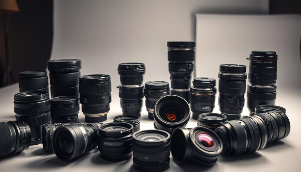 A detailed array of product photography lenses, meticulously crafted to capture the technical essence of the subject. In the foreground, a diverse selection of lenses - from wide-angle to telephoto, macro to zoom - laid out with precision. The middle ground showcases the intricate inner workings of these lenses, revealing their complex optical elements and mechanisms. In the background, a softly-lit studio setting with clean, minimalist backdrops, highlighting the technical prowess of the photographic tools. Lighting is carefully controlled, casting dramatic shadows and highlighting the sleek, industrial design of the lenses. The overall mood is one of reverence and technical mastery, inviting the viewer to explore the nuanced world of product photography optics.