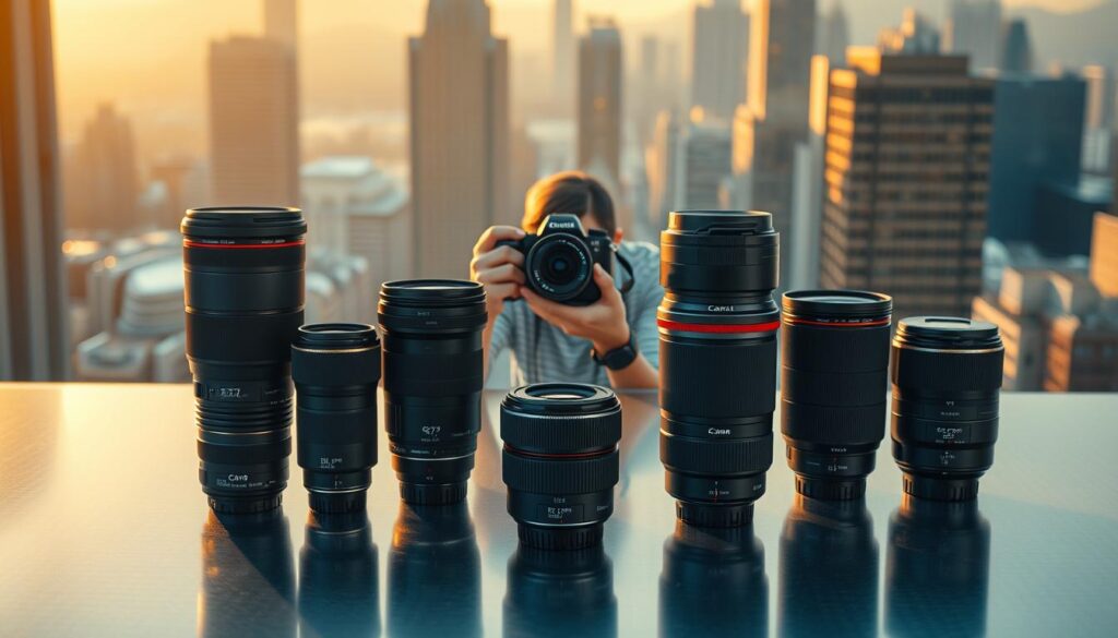 A detailed comparison of focal range showcasing the versatility of Canon R7 lenses in 2025. In the foreground, a selection of high-quality prime and zoom lenses arranged artfully on a sleek, metallic surface, their distinctive designs and focal lengths clearly visible. In the middle ground, a model holds the R7 camera, framing various subjects through the lenses to demonstrate the practical applications of each focal range. The background features a stunning cityscape, bathed in warm, golden lighting that casts a cinematic atmosphere, highlighting the advanced imaging capabilities of the R7 system.