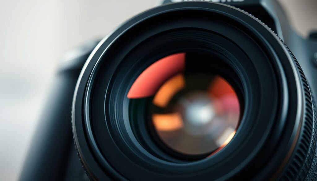A detailed cross-section of a high-end DSLR camera lens, showcasing the intricacies of its optical components. In the foreground, the aperture blades are prominently displayed, their precise positioning capturing the essence of aperture control. The middle ground features a cutaway view of the lens barrel, revealing the complex array of lens elements responsible for determining the focal length. The background showcases a soft, blurred product photography scene, hinting at the lens's capabilities in creating the desired depth of field. The entire composition is rendered in a highly detailed, ultra-realistic and cinematic style, providing a comprehensive visual guide to the key technical aspects of lens selection for product photography.