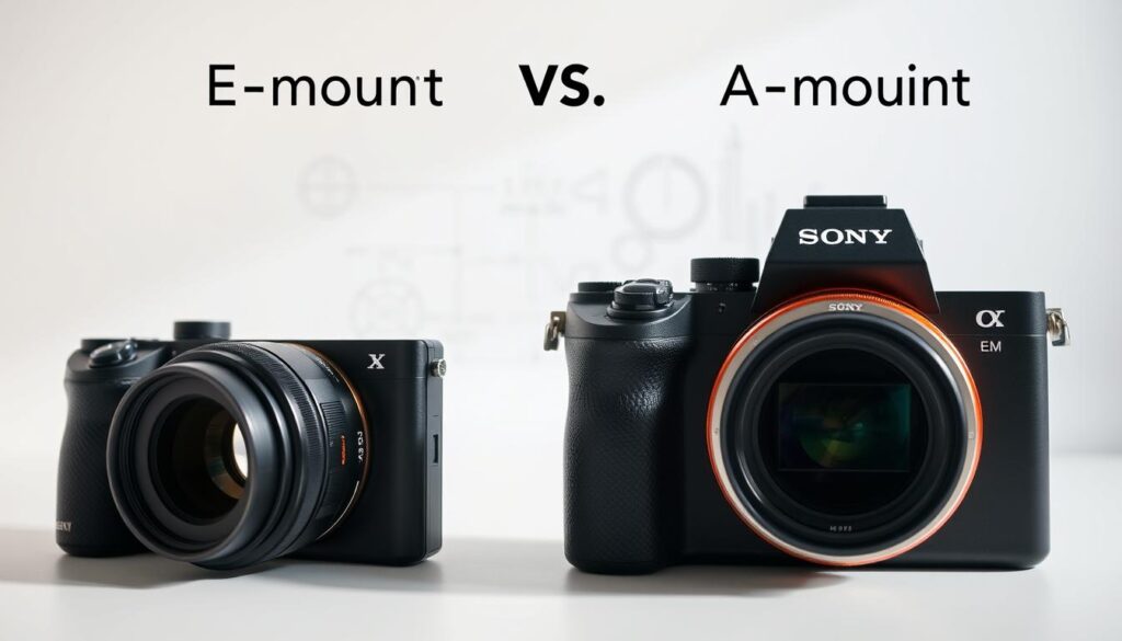 A detailed, side-by-side comparison of a Sony E-mount camera and an A-mount camera, showcasing the physical differences in lens mounts. In the foreground, a Sony E-mount lens is seamlessly attached to the E-mount camera body, highlighting the compatibility. In the middle ground, an A-mount lens is held next to the E-mount camera, emphasizing the incompatibility. The background features a clean, minimalist environment with subtle technical diagrams or schematics, providing context about the mount systems. The lighting is soft and natural, creating a professional, informative atmosphere. The overall image conveys a clear visual explanation of the key compatibility differences between the two Sony camera mount types.