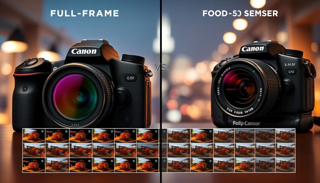 A detailed, side-by-side comparison of a full-frame and a crop-sensor camera. In the foreground, two professional-grade DSLRs are displayed, one with a full-frame sensor and the other with a crop sensor. The full-frame camera is shown with a wide-angle lens, capturing a expansive, cinematic scene. The crop-sensor camera features a telephoto lens, demonstrating the increased focal length effect. In the middle ground, a grid of sample images showcases the difference in field of view and depth of field between the two sensor sizes. The background features a soft, out-of-focus cityscape, highlighting the camera's capabilities in low-light conditions. The overall scene is ultra-realistic, with precise attention to lighting, texture, and depth, conveying the technical nuances of sensor technologies and crop factors in food photography.