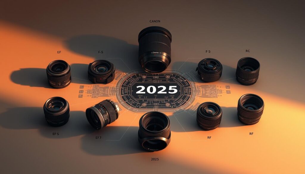 A detailed technical diagram showcasing the compatibility of various Canon lens mounts in the year 2025. The image depicts a central layout of Canon's EF, EF-S, RF, and future lens mount systems, with intricately rendered mechanical components and intricate schematics. The diagram is illuminated by a warm, directional lighting setup, casting subtle shadows and highlights to accentuate the 3D form of the lenses and mounts. The background features a muted, monochromatic tone, allowing the technical details to take center stage. The overall composition is meticulously arranged, striking a balance between informative clarity and visually compelling aesthetics.