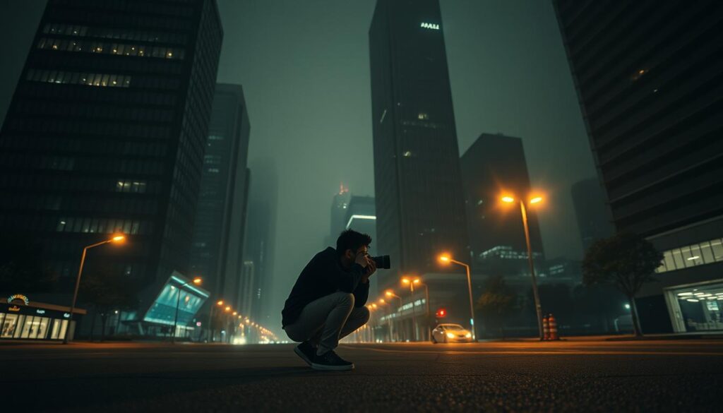 A dimly lit cityscape in the year 2025, the streets aglow with the soft illumination of next-generation street lamps. Towering skyscrapers cast long shadows, their glass facades reflecting the muted tones of the night sky. In the foreground, a lone photographer crouches, their mirrorless camera capturing the scene with a wide-angle lens that highlights the dramatic perspective. The image is bathed in a warm, almost cinematic lighting, creating a sense of depth and atmosphere. The overall mood is one of tranquility and introspection, a snapshot of the evolving trends in low-light photography in the years to come.