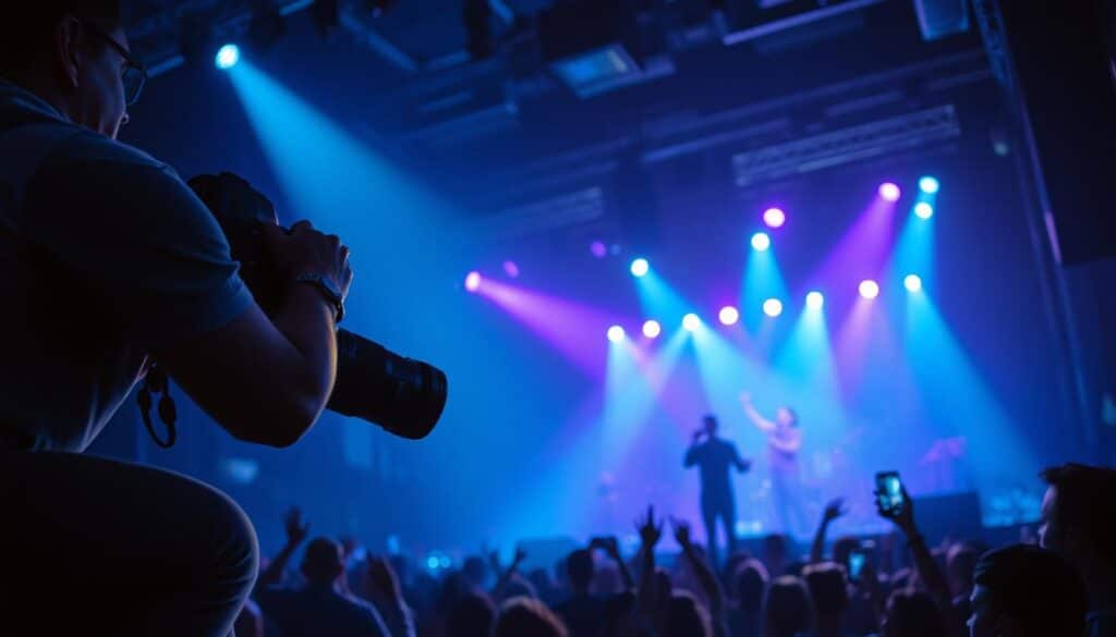 A dimly lit concert stage, bathed in vibrant hues of blue and purple, captures the energy of a captivating performance. In the foreground, a professional photographer crouches, their high-end camera poised to capture the perfect moment, the lens meticulously framed to showcase the lead vocalist's emotive expression. In the middle ground, the audience sways and cheers, their silhouettes blurred by the dramatic lighting, creating a sense of immersion. The background is adorned with state-of-the-art sound equipment and intricate stage designs, hinting at the technological advancements that will shape concert photography in 2025. The overall scene is cinematic and ultra-realistic, conveying the atmosphere of a cutting-edge music event.