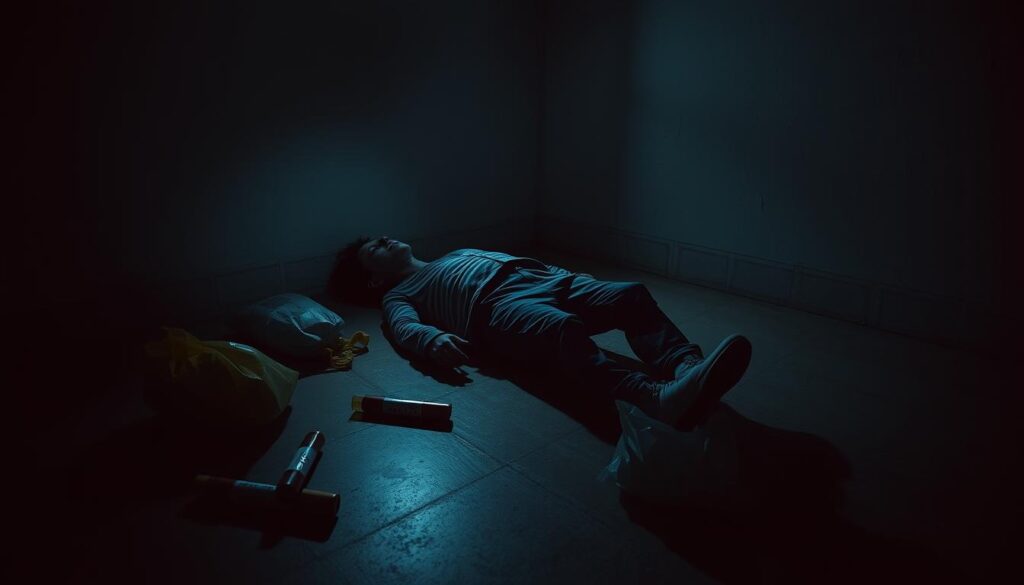 A dimly lit room, shadows cast across the floor and walls, illuminating the grim scene. A body lies motionless, surrounded by forensic markers and evidence bags. The camera's lens captures the details with clinical precision, the flash casting an eerie glow, highlighting the haunting atmosphere. The image conveys a sense of unease, inviting the viewer to ponder the psychological underpinnings of this tableau. Carefully composed, the frame balances the elements, drawing the eye to the central figure, while hinting at the larger context. Ultra-realistic in its execution, the crime scene photograph evokes a sense of unease and introspection.