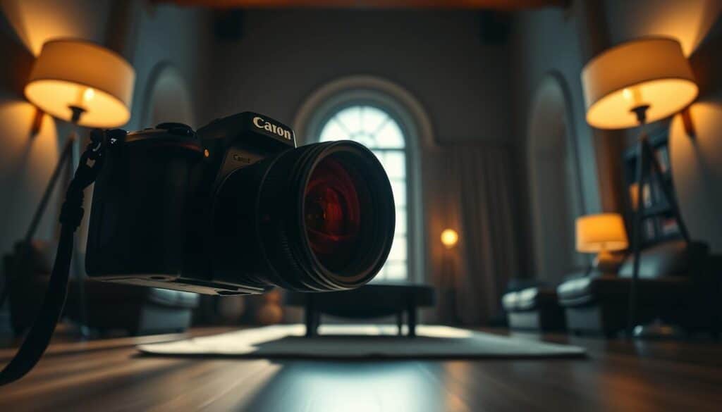 A dimly lit room showcases a professional-grade DSLR camera with a wide-aperture lens, its focal length optimized for capturing expansive real estate interiors. The camera is positioned at a low angle, emphasizing the room's architectural details and creating an immersive, cinematic perspective. Soft, ambient lighting from strategically placed lamps casts warm, inviting shadows, highlighting the camera's low-light performance capabilities. The scene exudes a sense of calm and sophistication, perfectly suited for a real estate photography showcase.