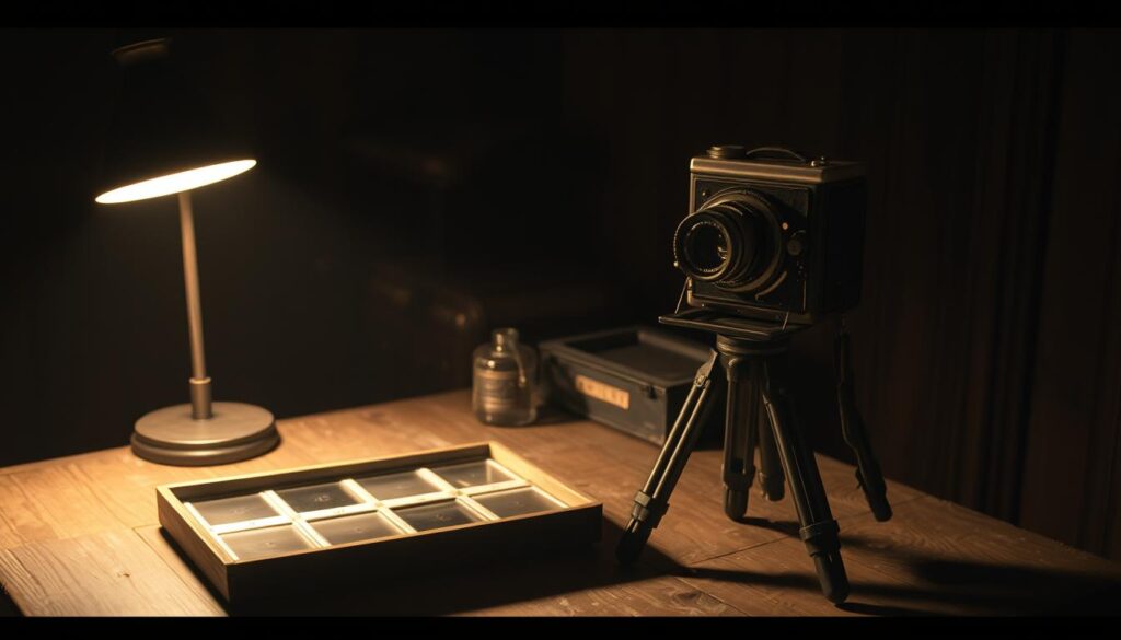 A dimly lit room, the warm glow of a single lamp casting shadows on the weathered wooden surfaces. An antique camera sits atop a worn tripod, its brass lens gleaming with the patina of time. Nearby, a tray of developing chemicals and a series of glass plates, each a window into a forgotten era. The air is thick with the scent of history, a tangible connection to the bygone days of analogue photography. The scene is imbued with a sense of reverence, a celebration of the craft and artistry that once defined the medium. The image captures the essence of vintage photography techniques, a cinematic depiction of the intersection between art and science.