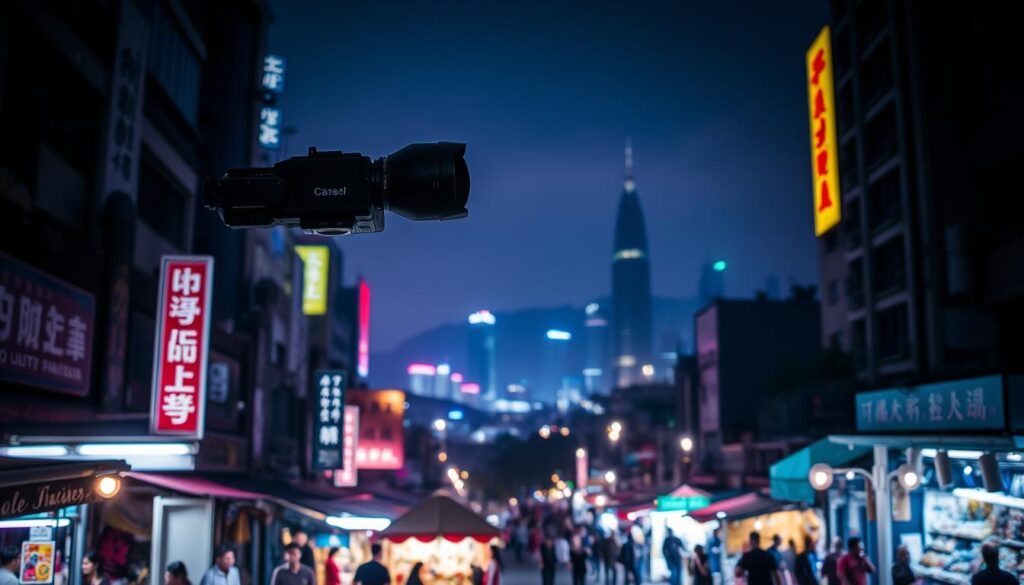 A dimly lit urban landscape, bathed in the soft glow of neon signs and streetlights. In the foreground, a state-of-the-art mirrorless camera with an ultra-fast, low-light lens hovers, its sensor meticulously capturing the vibrant, high-contrast scene. The middle ground reveals a bustling night market, its stalls illuminated by a kaleidoscope of color-shifting LED panels. In the distance, skyscrapers and towering architectural wonders stretch towards a hazy, indigo sky, their silhouettes sharply defined against the ambient light. This is the future of low-light imaging, a world where advanced computational photography and sensor technology come together to reveal the hidden beauty of the night.