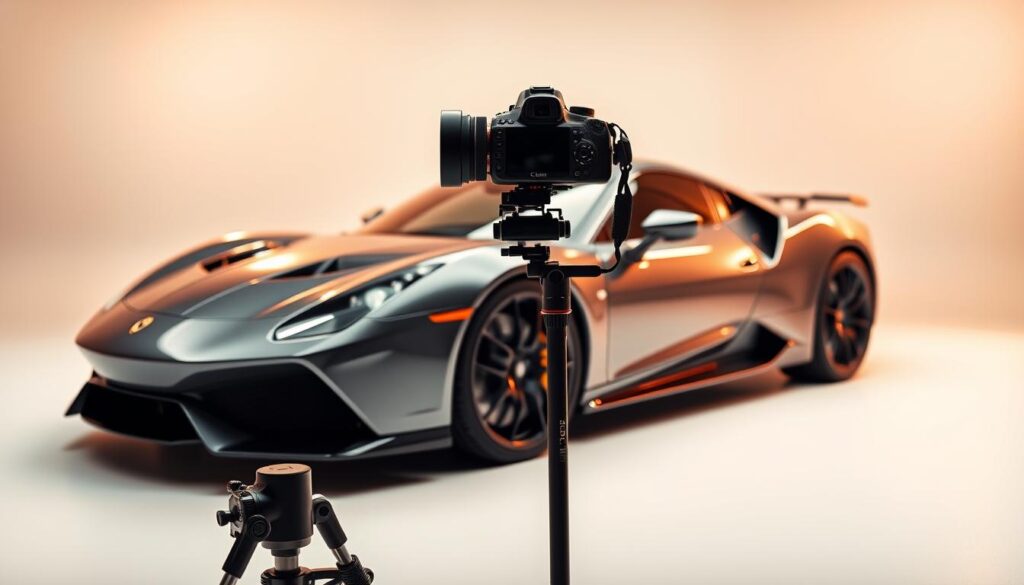 A dramatic automotive portrait set in a sleek, modern studio. In the foreground, a gleaming sports car is highlighted by the warm glow of studio lighting, its metallic finish catching the light with precision. The mid-ground features a Canon DSLR camera mounted on a sturdy tripod, its lens trained on the vehicle, capturing every intricate detail. The background is a seamless sweep of pure white, creating a clean, minimalist setting that allows the car to take center stage. The overall mood is one of technical excellence, with a cinematic flair that elevates the subject matter to an art form. Ultra-realistic textures and lighting transport the viewer into this meticulously crafted automotive photography scene.