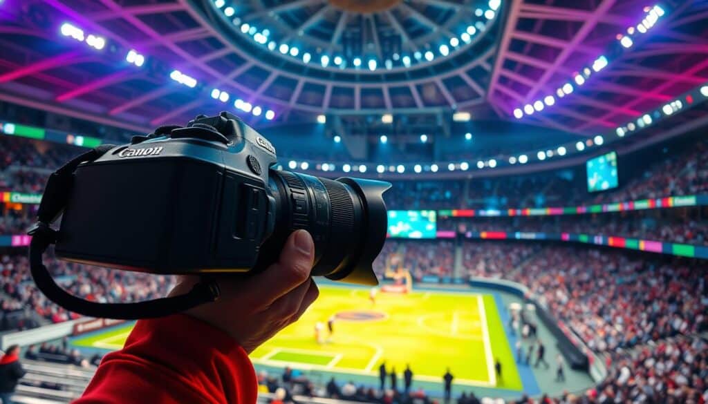 A dynamic sports arena in the year 2025, illuminated by vibrant, futuristic lighting. In the foreground, a professional photographer captures the action with a sleek, high-tech Canon camera, its advanced autofocus and burst mode freezing the movement of athletes in mid-leap. The background showcases a panoramic view of the stadium, with holographic scoreboards and augmented reality overlays providing real-time data and statistics. The scene exudes a sense of technological innovation, capturing the cutting-edge advancements in sports photography that will shape the industry in the years to come.