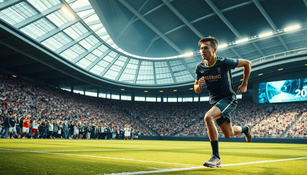 A dynamic sports arena set in the year 2025, capturing the challenges and advancements of the era. In the foreground, an athlete sprints across the field, their uniform and equipment showcasing the latest in high-tech, lightweight materials. The middle ground reveals a crowd of spectators, their faces alight with excitement, captured through a telephoto lens that isolates their expressions. In the background, the stadium's futuristic architecture dominates the scene, with sleek, curved lines and holographic displays that seamlessly integrate technology into the spectacle. The overall lighting is a mixture of natural daylight and strategically placed, energy-efficient LED fixtures, creating a cinematic, immersive atmosphere that highlights the technological innovations shaping the future of sports photography.