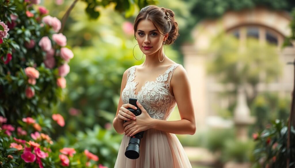 A female wedding photographer, elegantly dressed in a flattering, flowing A-line dress, stands amidst a lush garden setting. Soft, diffused lighting casts a warm, romantic glow, accentuating the delicate lace and chiffon details of her attire. Her hair is styled in a chic updo, with carefully placed pearl and crystal accessories that complement the ensemble. The photographer holds a high-end camera, poised to capture the special moments of the day. The background features a blend of vibrant blooms, verdant foliage, and a subtle, blurred architectural element, creating a visually stunning and immersive scene.