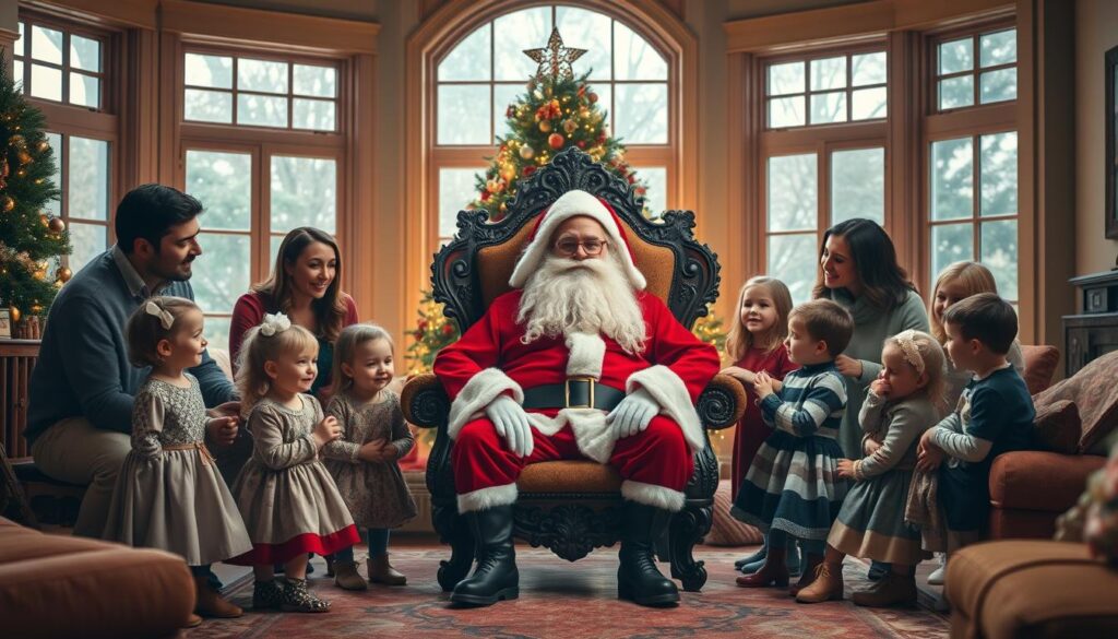A festive family gathered around a twinkling Christmas tree, eagerly awaiting their turn for the annual Santa photo shoot. In the cozy living room, sunlight streams through large windows, casting a warm glow on the scene. The children, dressed in their holiday best, fidget with excitement as the parents help them arrange their poses. At the center, an ornate antique chair stands ready, with a jolly Saint Nick in a plush red suit and a long, flowing white beard, his eyes twinkling with merriment. The mood is one of tradition, nostalgia, and the magic of the season, captured in an ultra-realistic image.