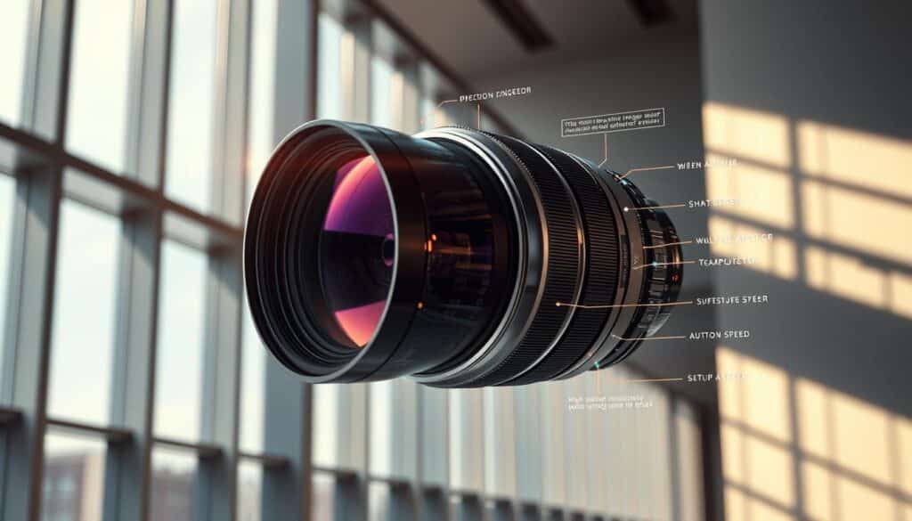 A futuristic camera lens with advanced video capabilities floats against a backdrop of sleek, minimalist architecture. Sunlight filters through large windows, casting a warm, cinematic glow. The lens, composed of precision-engineered metal and glass, features a high-resolution image sensor, advanced autofocus, and multiple interchangeable elements for wide-angle, telephoto, and macro photography. Holographic displays project dynamic information about aperture, shutter speed, and other settings. The overall scene conveys a sense of technological sophistication and the future of amateur photography.