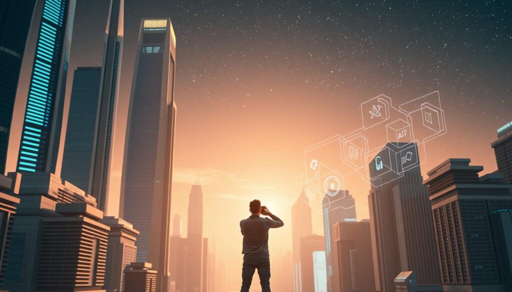A futuristic cityscape with towering skyscrapers and gleaming, metallic structures. In the foreground, a photographer stands poised, their camera pointed towards the horizon. Surrounding them, holographic displays and floating interfaces, showcasing the seamless integration of AI-powered photography tools. The scene is bathed in a warm, diffused light, casting an aura of technological wonder and innovation. In the background, a night sky dotted with twinkling stars, hinting at the limitless potential of AI to capture and enhance the beauty of the world. The overall atmosphere is one of wonder, progress, and the endless possibilities that lie ahead for the future of AI in photography.
