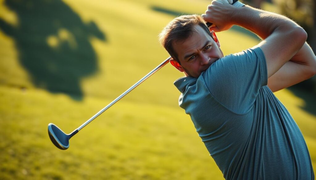 A golfer mid-swing, the club head blurring as it slices through the air. Sunlight glints off the polished clubhead, casting dramatic shadows on the lush green fairway. The player's face is a mask of intense concentration, body twisted in dynamic motion. The camera, positioned low and slightly to the side, captures the powerful kinetic energy of the swing. Shallow depth of field blurs the background, focusing all attention on the golfer's form. The lighting is soft and natural, creating a sense of drama and immediacy. Ultra-realistic textures and details bring this golfing action to life with striking realism.