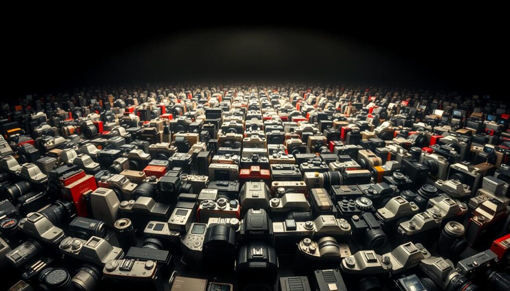 A grand, sweeping panorama of iconic camera designs through the ages, showcasing the evolution of photographic technology. In the foreground, a dazzling array of classic film cameras from the early 20th century - sleek Leicas, sturdy Nikons, and timeless Polaroids. Arranged in a dynamic, cascading composition that draws the eye deeper into the scene. In the middle ground, a gallery of pioneering digital models - cutting-edge DSLRs, mirrorless marvels, and revolutionary smartphones, all bathed in a warm, cinematic lighting. The background fades into a hazy, atmospheric perspective, hinting at the endless march of technological progress. The overall impression is one of visual harmony, showcasing the elegant evolution of iconic camera designs over nearly two centuries.
