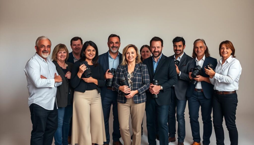 A group of award-winning portrait photographers, each with a distinct photographic style and vision, stand together in a well-lit studio. Soft, directional lighting illuminates their faces, highlighting their confident, professional demeanor. The photographers, dressed in a mix of formal and casual attire, are positioned in a dynamic, overlapping arrangement, conveying a sense of collaboration and creativity. The background is minimalist, allowing the subjects to take center stage, their camera equipment and lenses visible as they hold them with a sense of mastery. An atmosphere of artistic excellence and technical prowess permeates the scene, reflecting the exceptional talent and acclaim of these top portrait photographers in the U.S.