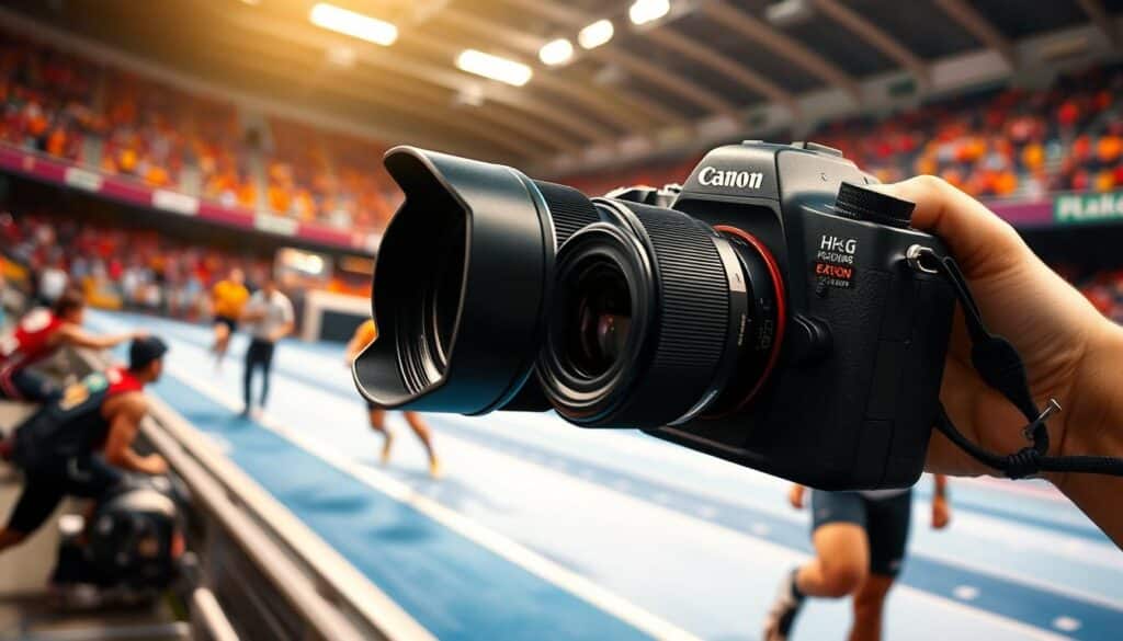 A high-end Canon sports camera with a powerful autofocus system, capturing a fast-paced action scene. The camera is held in the foreground, its sturdy body and prominent lens capturing the viewer's attention. In the middle ground, athletes in dynamic poses, their movements frozen in time by the camera's blazing-fast autofocus. The background blurs into a vibrant, colorful stadium setting, with spectators and other sports equipment visible, conveying the energy and excitement of the event. Dramatic lighting casts dramatic shadows, adding depth and a cinematic feel to the image. The overall scene radiates a sense of technical prowess, speed, and the thrill of sports photography.