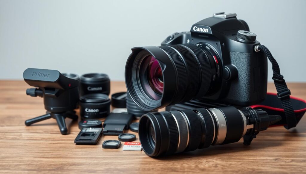 A high-end DSLR camera with a professional-grade telephoto lens sits prominently on a wooden surface, surrounded by an assortment of essential wedding photography gear. In the foreground, a sleek external flash and a sturdy tripod stand ready, their metallic finishes gleaming under the soft, diffused lighting. In the middle ground, a collection of prime lenses, memory cards, and a camera strap create a visually compelling arrangement, hinting at the versatility and attention to detail required for capturing the perfect wedding moments. The background features a neutral, slightly blurred backdrop, allowing the subject to take center stage and convey a sense of professionalism and preparedness for the task at hand.