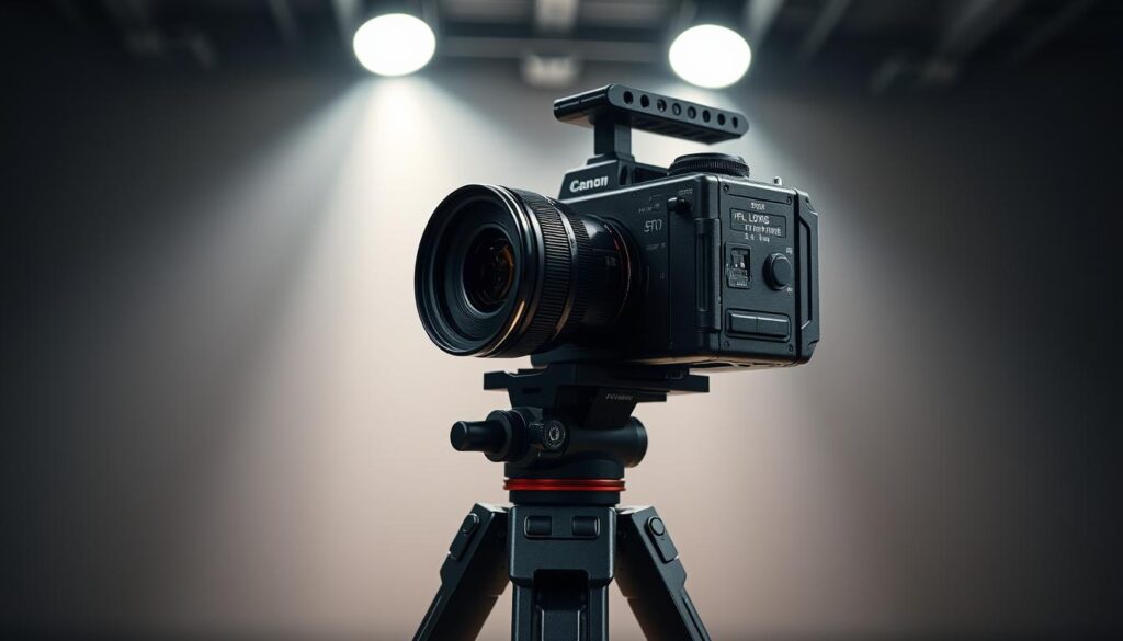 A high-end black box camera rests on a sleek, modern tripod, its polished metal body gleaming under dramatic studio lighting. The camera's large, full-frame sensor captures an expansive, cinematic scene with exceptional dynamic range and image quality. The scene is carefully composed, with a shallow depth of field that draws the viewer's eye to the camera's intricate details - the precision-engineered lens, the robust body design, and the array of advanced controls. The lighting creates dramatic shadows and highlights, emphasizing the camera's premium construction and professional-grade capabilities. The overall mood is one of technical sophistication and artistic potential, reflecting the camera's suitability for the most demanding photography applications.
