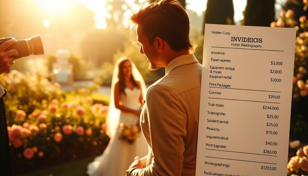 A high-end wedding venue, bathed in soft, golden light, with a photographer capturing the blissful couple. In the foreground, an itemized invoice highlights hidden costs - travel expenses, equipment rentals, print packages, and more. The middle ground features a thoughtful couple, unaware of the growing list of charges. In the background, a picturesque garden setting, lush with blooming flowers, creates a serene yet deceptive atmosphere. The scene conveys the contrast between the couple's joy and the unseen financial realities of wedding photography.