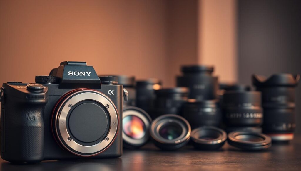 A high-quality DSLR camera, the Sony A6400, sits prominently in the foreground, its sleek black body and silver lens mount capturing the viewer's attention. In the middle ground, an array of interchangeable lenses of various focal lengths and apertures are displayed, showcasing the camera's impressive lens compatibility. The background features a subtly blurred, warm-toned studio setting, with soft lighting that casts a natural, cinematic glow over the scene. The overall composition conveys a sense of technical expertise and the versatility of the Sony A6400 camera system.