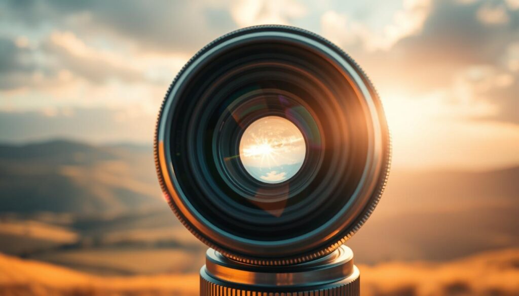 A high-quality digital image with stunning clarity and vibrant colors showcasing the power of AI-driven image enhancement. The scene depicts a close-up of a camera lens, its intricate glass elements and metal housing rendered in exceptional detail. Soft, diffused lighting from an unseen source bathes the subject in a warm, inviting glow, highlighting the refined textures and gleaming surfaces. In the background, a blurred landscape of rolling hills and a cloudy sky hints at the camera's ability to capture the world around it with unparalleled precision. The overall composition conveys a sense of technological sophistication and the promise of elevating photographic experiences through the seamless integration of AI.
