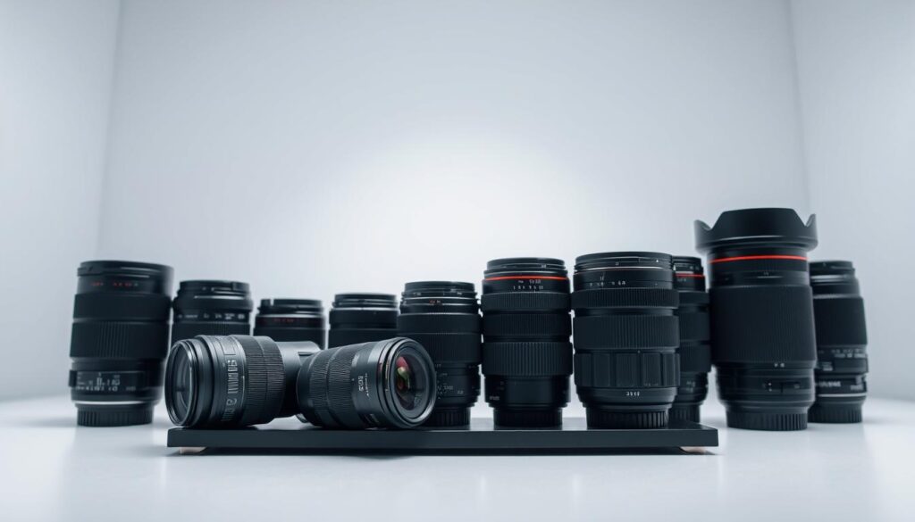 A high-quality macro lens comparison in a clean, well-lit studio setting. In the foreground, an array of prime zoom lenses in various focal lengths, displayed on a sleek black surface. The lenses are sharply in focus, revealing intricate details of their construction and design. The middle ground features a simple white backdrop, allowing the lenses to be the central focus. Directional lighting creates a sense of depth and emphasizes the textures and finishes of the lenses. The overall atmosphere is one of technical precision and product excellence, conveying the key features a photographer should consider when selecting the best lens for their product photography needs.
