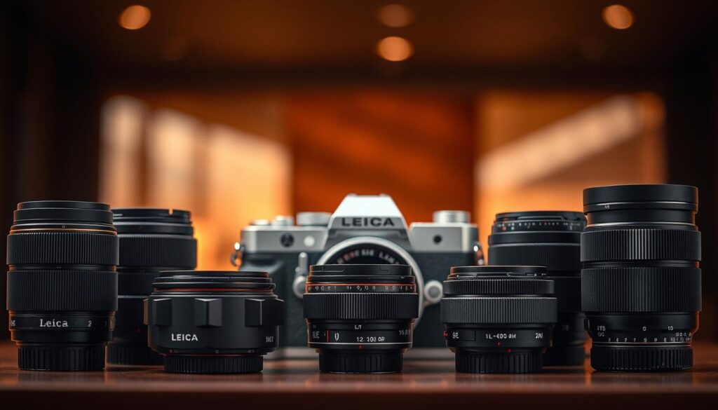 A high-quality, meticulously detailed image of various Leica M-mount lenses arranged in a visually striking composition. The lenses are positioned in the foreground, showcasing their iconic designs and premium build quality. The middle ground features a sleek, modern camera body, hinting at the compatibility between the lenses and the camera. The background subtly blurs, creating a sense of depth and focus on the main subject. Warm, cinematic lighting casts a soft, inviting glow over the scene, evoking a professional, high-end atmosphere. The overall composition is balanced, with the lenses and camera body arranged in a visually appealing manner that highlights their compatibility and the photographer's attention to detail.