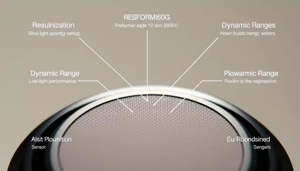 A high-resolution close-up view of a professional-grade camera sensor showcasing its key technical features. The sensor is positioned prominently in the foreground, its intricate surface texture and microscopic details revealed in vivid clarity. Surrounding the sensor are carefully labeled callouts highlighting its resolution, dynamic range, low-light performance, and other critical specifications. The lighting is crisp and evenly distributed, creating a clean, clinical atmosphere that accentuates the sensor's precision engineering. The background is a subtly blurred, neutral-toned environment, allowing the sensor's technical attributes to be the sole focus of attention.