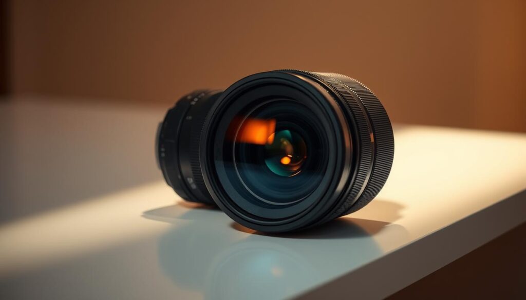 A high-resolution, large-aperture lens rests on a sleek, minimalist surface, its intricately designed elements visible through the glass. Warm, directional lighting accentuates the lens' precision-engineered features, casting subtle shadows that reveal its depth and complexity. The background fades into a soft, out-of-focus blur, allowing the lens to take center stage and showcase its exceptional optical performance. The overall scene conveys a sense of technical sophistication and the importance of high-quality glass for capturing breathtaking images with the Canon R7 mirrorless camera.