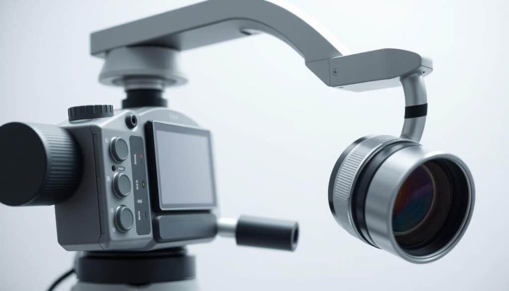 A high-resolution, macro-scale view of a professional-grade dental photography camera's key features. The camera is presented in a clean, well-lit studio setting, showcasing its detailed controls, advanced lens, and precision engineering. The lighting is soft and diffused, creating a clinical, medical atmosphere. The camera is positioned at a slight angle, highlighting its ergonomic design and premium construction. The background is a simple, neutral color that allows the camera's intricate details to take center stage, conveying the precision and sophistication required for dental photography.