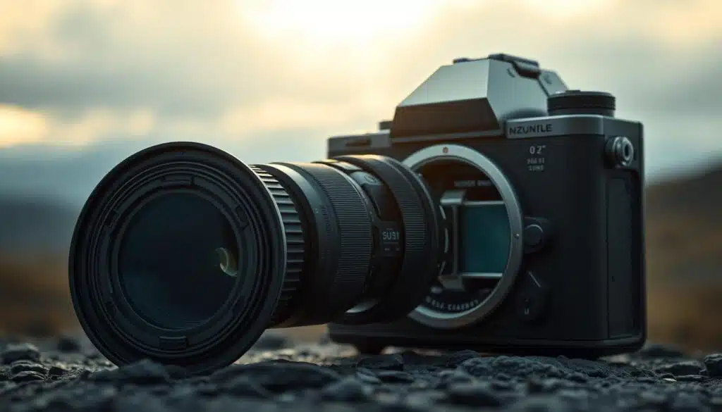 A high-resolution, ultra-realistic and cinematic image of a state-of-the-art medium format camera sensor, showcasing its exceptional performance and build quality. The sensor is prominently displayed in the foreground, with intricate details of its advanced architecture and precision engineering visible. The middle ground features a partially disassembled camera body, revealing the internal components and meticulous craftsmanship. The background depicts a serene, moody landscape setting, creating a captivating contrast and emphasizing the camera's capabilities in landscape photography. Soft, directional lighting illuminates the scene, accentuating the sensor's dynamic range, color accuracy, and low-light performance.