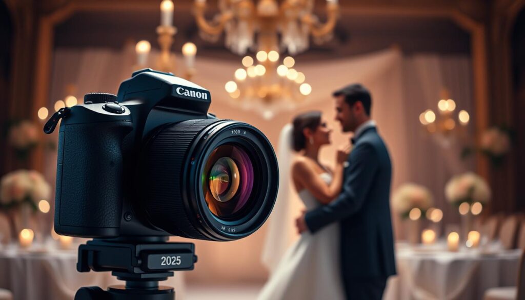 A high-resolution, ultra-realistic and cinematic image of prime lens technology in the year 2025. In the foreground, a professional-grade DSLR camera with a sleek, streamlined design and a cutting-edge prime lens attached. The lens features advanced optics, a fast aperture, and a precision focus system. In the middle ground, a blur of activity as a couple embraces, their expressions radiant and timeless, captured in sharp focus by the prime lens. The background is a softly lit, romantic wedding venue, with warm lighting and elegant decor, creating a sense of intimacy and celebration.