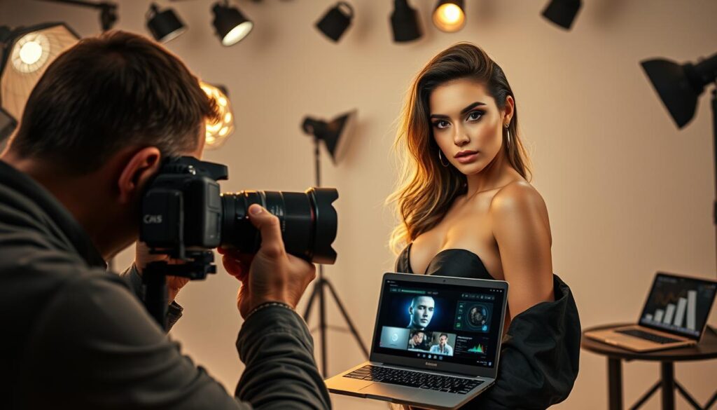 A high-resolution, ultra-realistic image of a skilled portrait photographer using a professional camera with a telephoto lens to capture a glamorous model in a stylish studio setting. The model poses confidently, their features enhanced by soft, dramatic lighting from multiple sources. Subtle AI-powered editing tools are visible on a nearby laptop screen, suggesting the integration of cutting-edge technology in the creative process. The overall atmosphere is one of artistic collaboration, showcasing the potential of AI to elevate and refine the art of portrait photography.