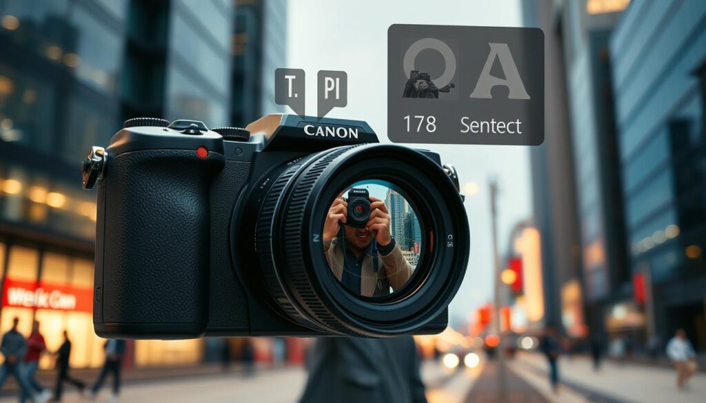 A high-tech camera with advanced AI features dominates the foreground, its sleek black body and precision-engineered lens capturing the attention. The camera's interface displays a series of intelligent overlays, highlighting subject detection, compositional guidance, and real-time editing capabilities. In the middle ground, a photographer composes a shot, their movements and decisions guided by the camera's AI-powered insights. The background features a modern urban landscape, skyscrapers and bustling streets suggesting the camera's adaptability to diverse environments. Warm, ambient lighting and a subtle sense of motion convey the camera's seamless integration with the creative process, blending technology and artistic expression.