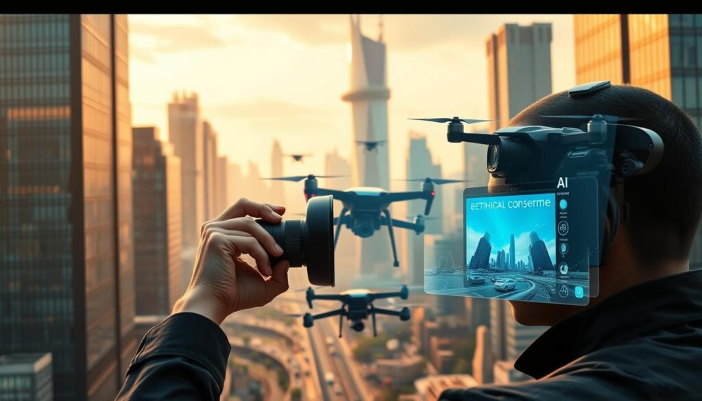A high-tech cityscape with towering skyscrapers and gleaming glass facades. In the foreground, a photographer captures an image on a futuristic-looking camera, their face obscured by a holographic display showing an ethical dilemma. In the middle ground, an array of AI-powered drones and autonomous vehicles navigate the urban landscape, raising questions about the impact of advanced technology on privacy and consent. The background is bathed in a warm, amber-hued lighting, creating a sense of unease and uncertainty about the implications of AI in the world of photography.