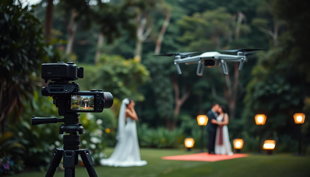 A high-tech, futuristic wedding photography setup in a serene, natural outdoor setting. In the foreground, a professional-grade mirrorless camera mounted on a sleek, articulating tripod captures the couple's intimate embrace, its advanced autofocus and low-light capabilities producing a crisp, vibrant image. In the middle ground, a hovering drone with 8K video and 50MP camera sensors films the ceremony from an aerial perspective, its movements graceful and precise. In the background, a series of strategically placed, AI-powered floodlights bathe the scene in a warm, evenly-distributed illumination, seamlessly blending with the lush, verdant foliage of the destination wedding locale. The overall atmosphere conveys a harmonious fusion of cutting-edge technology and timeless, natural beauty.
